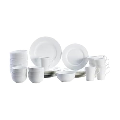 Mikasa Delray 40-Piece White Dinnerware Set, Service for 8, Durable Porcelain Plates, Bowls, and Mugs, Dishwasher and Microwave Safe