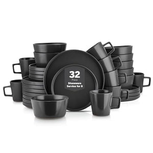 Stone Lain Celina Stoneware 32 Piece Dinnerware Set, Plates and Bowls, Black Matte Dish Collection, Service for 8 – Contemporary Minimalist Style, Microwave & Dishwasher Safe