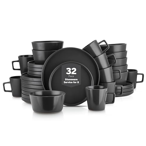 Stone Lain Celina Stoneware 32 Piece Dinnerware Set, Plates and Bowls, Black Matte Dish Collection, Service for 8 – Contemporary Minimalist Style, Microwave & Dishwasher Safe