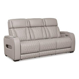 Signature Design by Ashley Boyington Contemporary Leather Match Power Reclining Sofa with USB Charging Ports, LED Lights and Adjustable Headrest, Light Gray