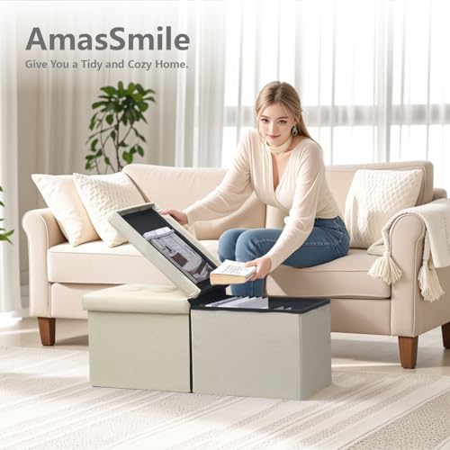 AmasSmile Footrest Ottoman Bench with Storage,34Inch Black Leather Footstool, Coffee Table, Padded Seat, Storage Chest,Blanket Store with Flipping Lid for Livingroom and Bedroom