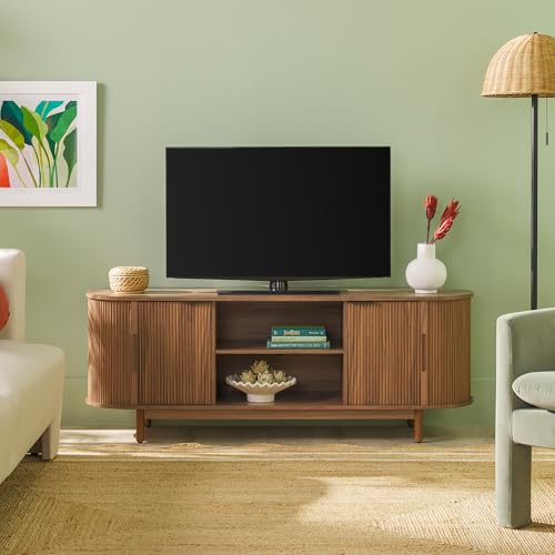 Walker Edison Chloe Curved Reeded TV Stand, Sliding Doors, 65 Inch, 60 inch, Mocha