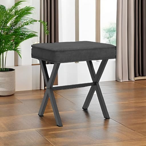 LUE BONA Square Linen Makeup Stool, Metal X Legs, Small Ottoman Stool Chair for Vanity, Modern Padded Seat Foot Rest for Makeup Room, Bathroom