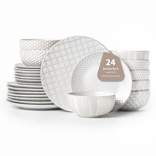 FOBENTA 24 Piece Dinnerware Sets for 8, Premium Stoneware Plates and Bowls Sets, Microwave & Dishwasher Safe, Elegant Dishes for Entertaining & Special Occasions – A Stunning Gift for Large Families