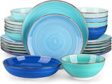 vancasso Bonita Dinnerware Set 24 Pieces Blue Stoneware Service for 6, Handpainted Spirals Pattern Stoneware Combination Set