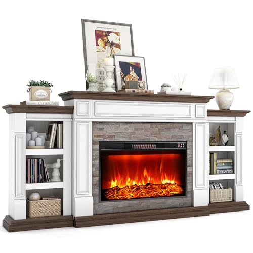 80" Fireplace TV Stand for TVs Up to 90 Inch, Electric Fireplace with Mantel, Farmhouse Entertainment Center with Storage, Realistic Stacked Stone Surround with Remote Control for Living Room