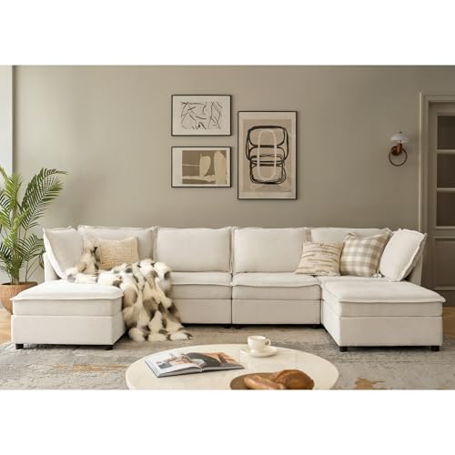 HULALA HOME 127'' Modular Sectional Sofa, Oversized U Shaped Couch with Storage Ottoman, Comfy Chenille Sofa with Deep Seat, 6 Seat Convertible Couches for Living Room, Beige