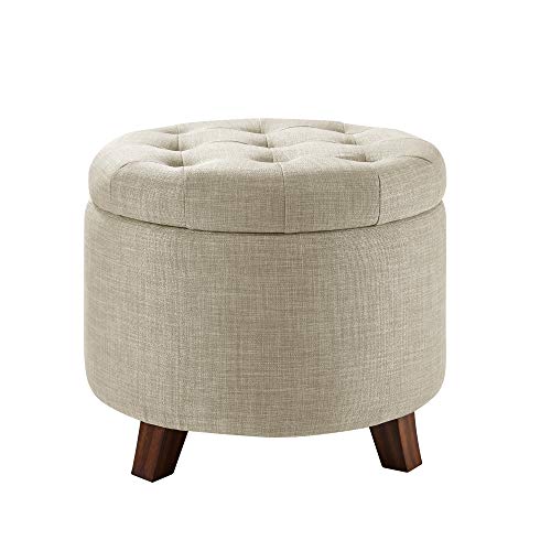 Amazon Basics Round Linen Ottoman with Storage, Tufted Upholstered Footstool for Living Room and Bedroom, 20