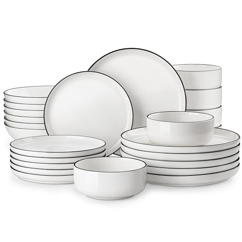 MALACASA Plates and Bowls Sets, 24 Pieces Modern Porcelain Dinnerware Set for 6 Ceramic Dishware Dishes White Kitchen Dinner Dining Ware Set wtih Black Rim Microwave and Dishwasher Safe, Series LUNA