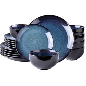 LeRatio Ceramic Dinnerware Sets for 6,Plates and Bowls Sets,Handmade Reactive Glaze Dishes Set,Chip Resistant and Scratch Resistant | Oven&Dishwasher & Microwave Safe-Blue(18PCS)