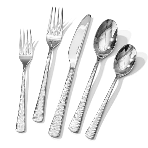 KINGSTONE Hammered Silverware Set, Flatware Set, 18/10 Stainless Steel Premium Cutlery with Unique Ripple Handles Design Mirror Polished - Dishwasher Safe (40-Piece)