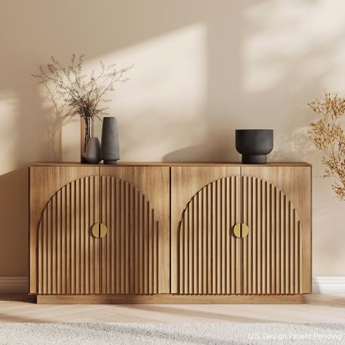 BELLEZE 65 Inch Fluted Buffet Cabinet with Storage, Symmetrical Arc Accent Sideboard Large Console Table for Dining Room, Kitchen, and Living Room (Caramel Brown)