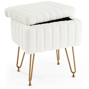 Sweetcrispy Vanity Stool Chair with Storage, Ottoman Faux Fur Soft Padded Makeup Footstools Seat with 4 Metal Legs Anti-Slip Adjustable Feet Modern Cute Small Footrest for Home Entryway Bedroom White
