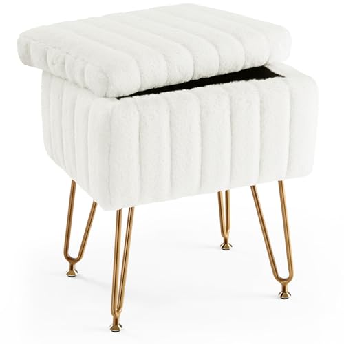 Sweetcrispy Vanity Stool Chair with Storage, Ottoman Faux Fur Soft Padded Makeup Footstools Seat with 4 Metal Legs Anti-Slip Adjustable Feet Modern Cute Small Footrest for Home Entryway Bedroom White