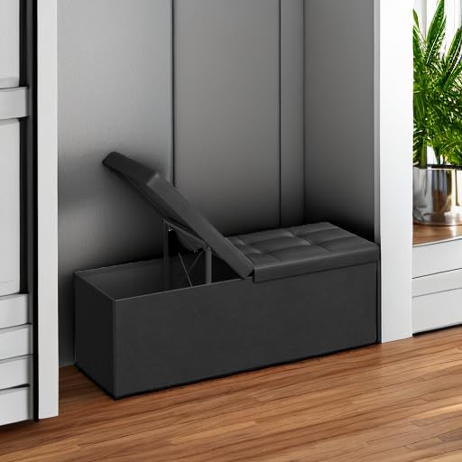 SONGMICS MAZIE Collection - 30 Inches Storage Ottoman Bench with Flipping Lid, Storage Chest Footstool, Load 660 lb, for Entryway, Living Room, Bedroom, Synthetic Leather, Black ULSF45BK