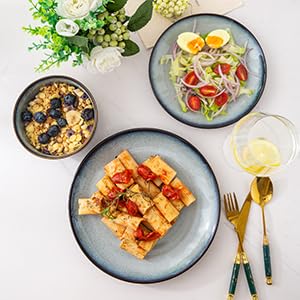 LeRatio Ceramic Dinnerware Sets for 6,Plates and Bowls Sets,Handmade Reactive Glaze Dishes Set,Chip Resistant and Scratch Resistant | Oven&Dishwasher & Microwave Safe-Blue(18PCS)