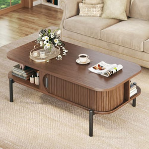 Coffee Table, 39.4" Mid Century Modern Coffee Tables for Living Room, Coffee Table with Storage Open Shelf, Fluted Table with Sliding Cabinet Door, 2-Tier Rustic Wood Desktop, Walnut