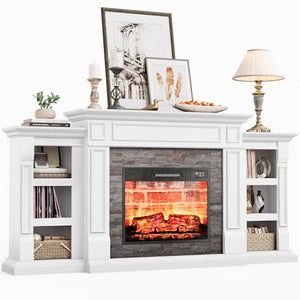 LGHM 72" Electric Fireplace with Mantel, Fireplace TV Stand for TVs Up to 80 Inch, Modern Entertainment Center with Storage, Realistic Stacked Stone Surround with Remote Control for Living Room