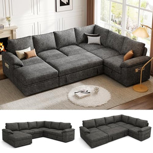 SUAWY 108 Inch Sectional Sleeper Sofa with Pull Out Bed,U Shaped 7 Seat Modular Sectional Sofa with Storage,Sectional Couches for Living Room,Cloud Modular Couch,Removable Sofa Cover,Dark Grey