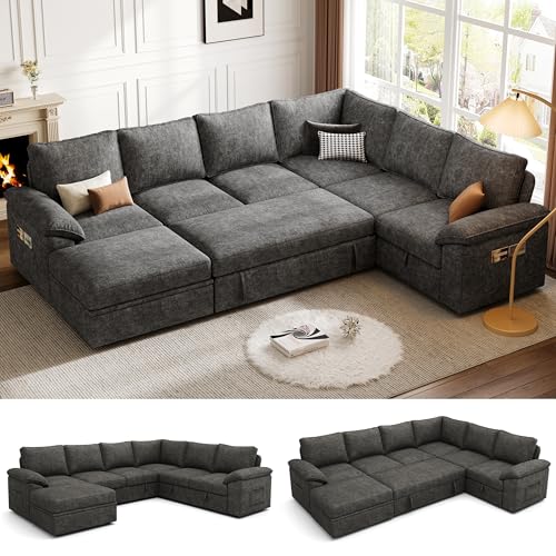 SUAWY 108 Inch Sectional Sleeper Sofa with Pull Out Bed,U Shaped 7 Seat Modular Sectional Sofa with Storage,Sectional Couches for Living Room,Cloud Modular Couch,Removable Sofa Cover,Dark Grey