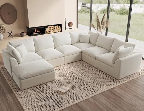 ohllob Oversized Cloud Couches for Living Room, Convertible Sectional Couch with Ottoman, 7 Seater Large Modular Sectional Sofa, Warm White
