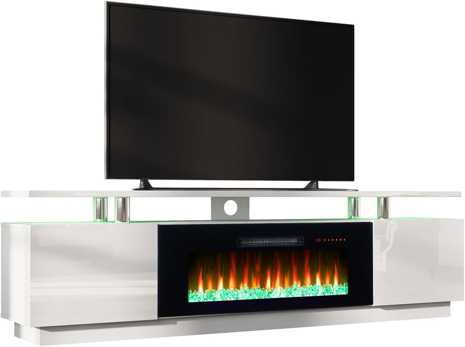 AMERLIFE Fireplace TV Stand with 36" Fireplace, 70" Modern High Gloss Fireplace Entertainment Center LED Lights, 2 Tier TV Console Cabinet for TVs Up to 80", Obsidian Black