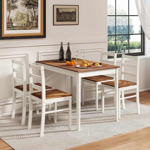 POWERSTONE Dining Table Set for 4, Kitchen Table Chairs Set of 4 with Rubber Wood Legs, Farmhouse 5 Piece Dining Table Set Solid Wood for Kitchen Dining Room Dinner (Brown)