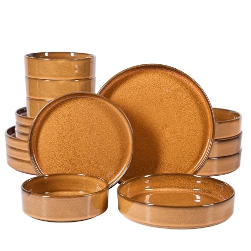 Bloomhouse Santorini Mist Double Bowl Terracotta Reactive Glaze Plates and Bowls Dinnerware Set - Amber, Service for Four (16pcs)