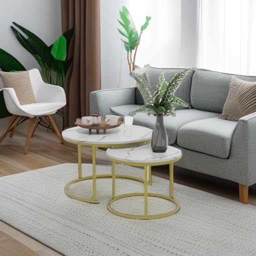 Smuxee Nesting Coffee Table Set of 2, 23.6" Round Coffee Table Wood Grain Top with Adjustable Non-Slip Feet, Industrial End Table Side Tables for Living Room Bedroom Balcony Yard