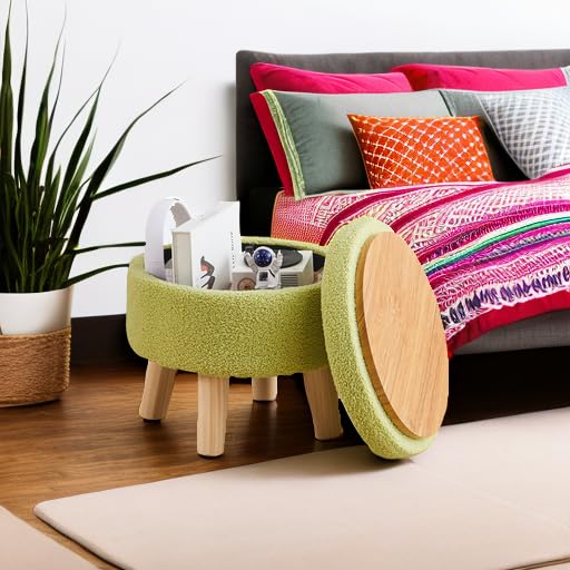 Wimarsbon Storage Ottoman, Modern Round Footrest with Soft Padded Seat, Teddy Velvet Footstool with Wood Legs, Accent Small Table or Plant Stand for Hallway, Living Room (Cream)