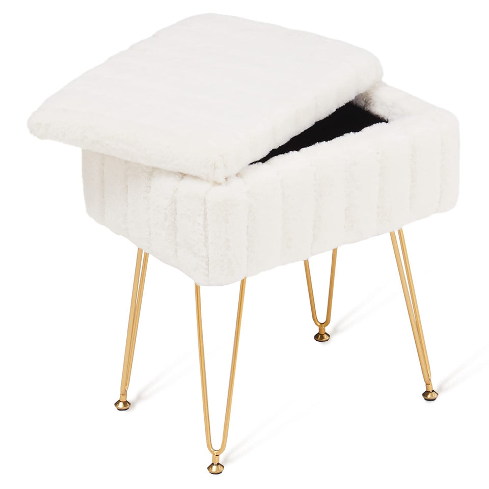 Wimarsbon Storage Ottoman, Vanity Stools with Metal Legs, 16.5" x 11.8" x 18" Modern Faux Mink Fur Footstool, Makeup Chair with Anti-Slip Feet, Accent Table,Footrest,Storage Bench for Bedroom