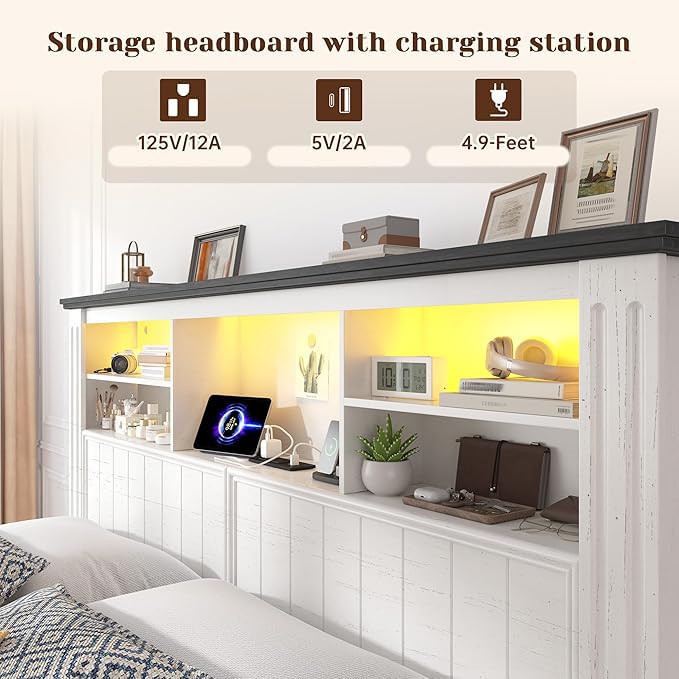 EnHomee King Size Bed Frame and Headboard & Storage, 4 Drawers and LED Built in Charging Station King Bed Frame with Storage Farmhouse,NO Noise,No Box Spring Needed,White