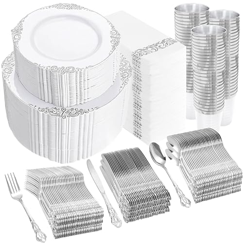 YOUBET 700PCS Silver Plastic Plates - White and Silver Disposable Plates - Silvery Plastic Dinnerware Set - Include 200 Plates, 300 Heavy Duty Silverware, 100 Cups and 100 Napkins for Wedding & Party