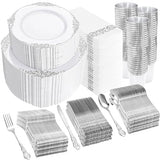 YOUBET 700PCS Silver Plastic Plates - White and Silver Disposable Plates - Silvery Plastic Dinnerware Set - Include 200 Plates, 300 Heavy Duty Silverware, 100 Cups and 100 Napkins for Wedding & Party