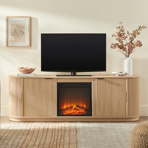Walker Edison Chloe Reeded TV Stand with Fireplace Insert, 75 Inch, 70 Inch, Coastal Oak