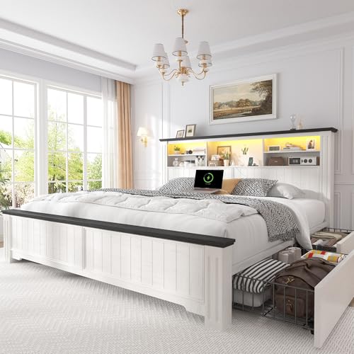 EnHomee King Size Bed Frame and Headboard & Storage, 4 Drawers and LED Built in Charging Station King Bed Frame with Storage Farmhouse,NO Noise,No Box Spring Needed,White