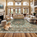 TOPRUUG Washable Oriental Area Rug - 12x15 Rugs for Living Room Soft Carpet for Bedroom Waterproof Floral Distressed Indoor Stain Resistant Non-Shedding Floor Carpets (Green, 12x15)