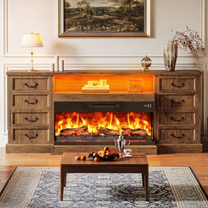 Huuger Fireplace TV Stand with LED Lights for 75 Inch TV, 3-Side Glass Fireplace Entertainment Center, 70 Inch Farmhouse Television Stands Stand with 4 Deep Drawers for Living Room, Brown