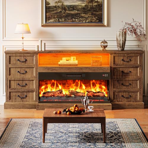 Huuger Fireplace TV Stand with LED Lights for 75 Inch TV, 3-Side Glass Fireplace Entertainment Center, 70 Inch Farmhouse Television Stands Stand with 4 Deep Drawers for Living Room, Brown