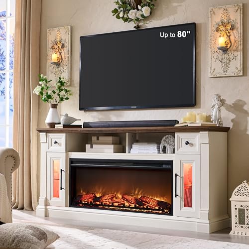 OKD Fireplace TV Stand for 80 Inch TV - Farmhouse Entertainment Center with 42