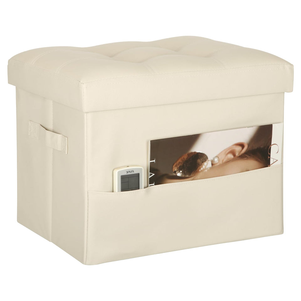 Storage Ottoman Foot Rest Stool, Foldable Leather Footstool Storage Bench with Thicker Foam Padded Seat. Foot Rest Under Desk for Living Room Bedroom 350 lbs, 17x13x13 in, Brown