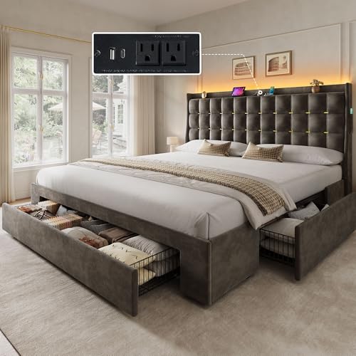 YITAHOME King Size Bed Frame with 3 Storage Drawers and RGB LED Lights, Velvet Upholstered Bed with Charging Station and Storage Headboard, No Box Spring Needed, Easy Assembly, Noise-Free, Grey