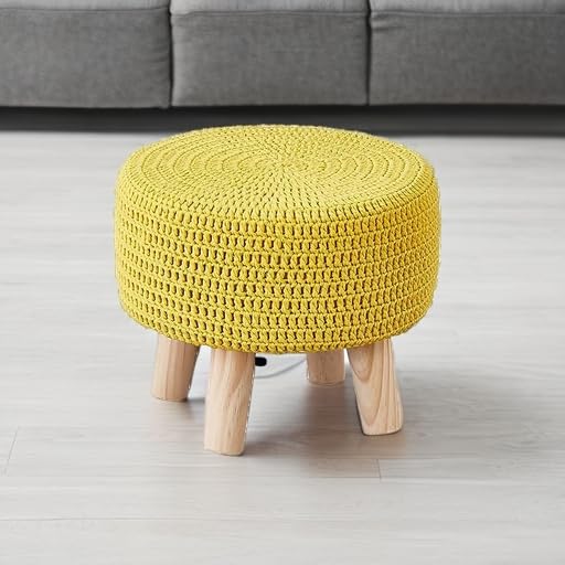 Wimarsbon Pouf Ottoman, 100% Cotton Knitted Boho Footstool, Round Footrest with Non-Skid Wood Legs, Home Décor Handmade Pouffe, Leisure Floor Step Stool for Living Room (Beige)