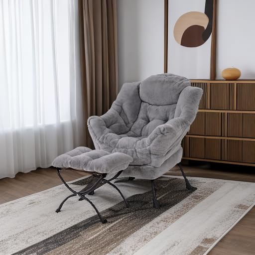 Welnow Lazy Chair with Ottoman, Modern Lounge Accent Chair with Armrests and a Side Pocket, Leisure Sofa Armchair, Reading Armchair with Footrest for Small Space, Dark Grey