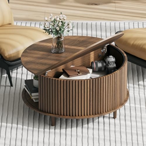 JOINICE, Round Coffee Table with Storage, Mid Century Modern Center Table with Sliding Cabinet Door, Fluted Dining Table for Living Room, Home Small Space, 31.5