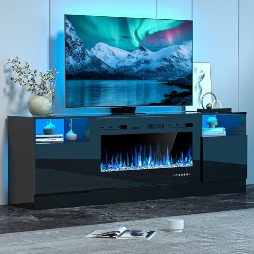OUTGUAVA Fireplace TV Stand for 80 Inch TV, TV Stand with 36" Fireplace, LED Light Entertainment Center with Storage Cabinets, Media TV Console TV Table for Living Room, Black