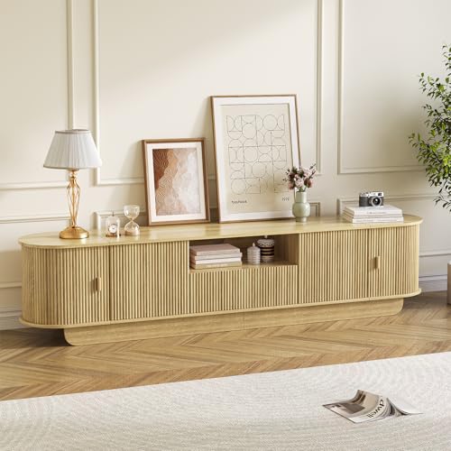 UKAOCAI 86.61'' Tambour TV Stand for 55-85 Inch, Modern Entertainment Center with Large Storage Cabinet & Open Shelves, TV Console with Sliding Doors for Living Room, Bedroom, Natural