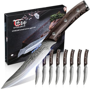SYOKAMI Steak Knives Set of 8, 4.8 Inch High-Carbon Japanese Stainless Steel Non-serrated Steak Knife with Wood Handle, Damascus Pattern Full Tang Design, Razor-Sharp Dinner Knives with Gift Box