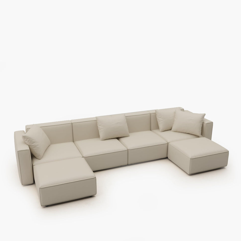 Acanva Luxury Modular Sectional Living Room Sofa Set, Modern Minimalist Style Couch with Ottoman and Chaise, L-Shape, Linen-Like Cream