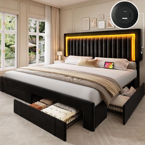 YITAHOME King Size Bed Frame with Adjustable Headboard, 4 Storage Drawers and RGB LED Lights, Velvet Upholstered Platform Bed with USB Ports, No Box Spring Needed, Fast Assembly, Noise-Free, Black